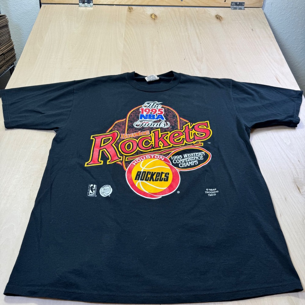 Vintage 1995 NBA Finals Houston Rockets T-Shirt Red Oak Mens XL Black 90s Tee